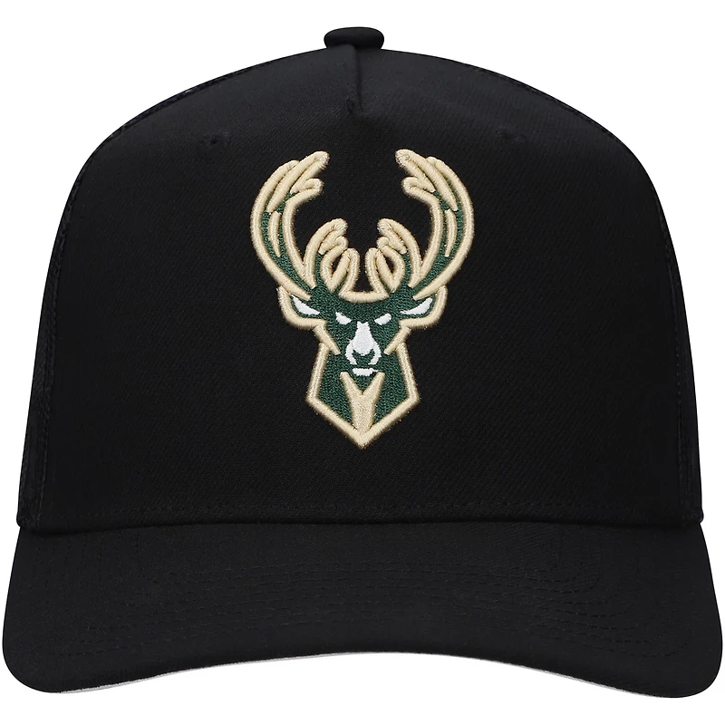Mitchell Ness Milwaukee Bucks Monogram Allover Logo Mesh Trucker Adjustable Hat