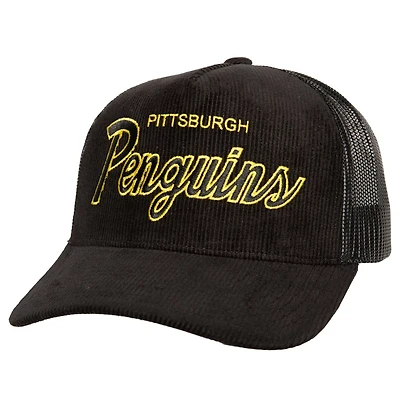 Mitchell  Ness Pittsburgh Penguins Times Up Classic Script Cord Trucker Adjustable Hat