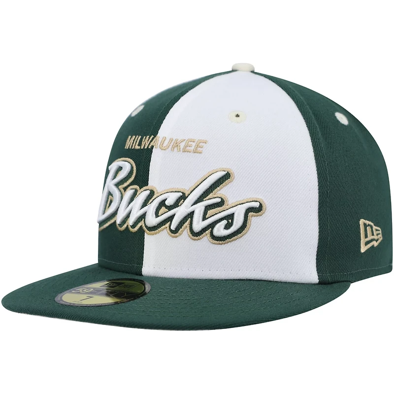New Era Hunter /White Milwaukee Bucks Script Pinwheel 59FIFTY Fitted Hat
