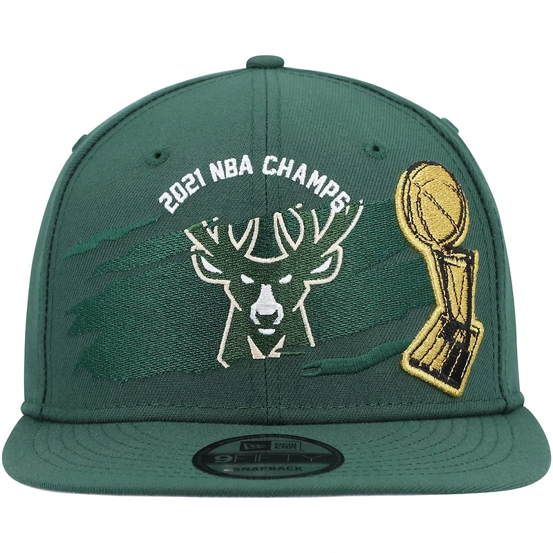 New Era Hunter Milwaukee Bucks 2021 NBA Finals Champions Tear On The Court 9FIFTY Snapback Hat