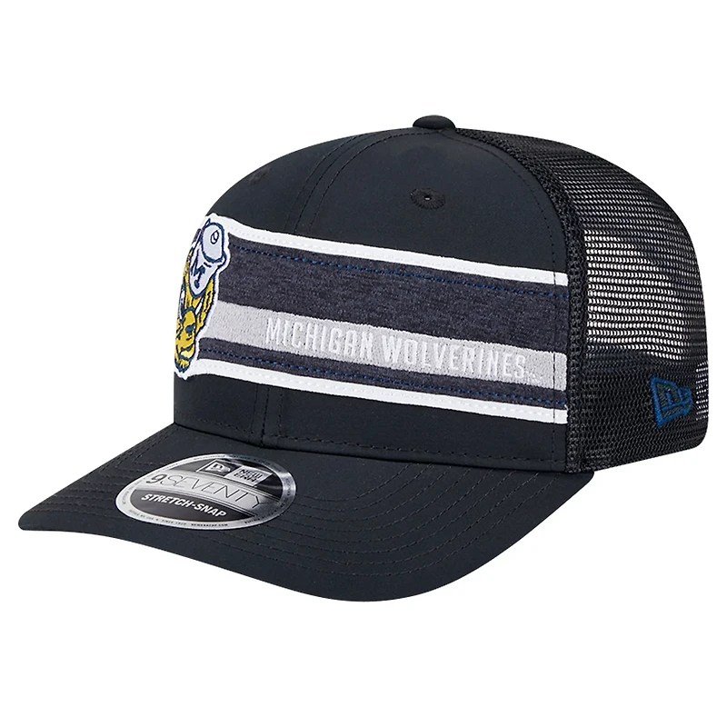 New Era /Navy Michigan Wolverines Striped 9SEVENTY Trucker Stretch-Snap Adjustable Hat