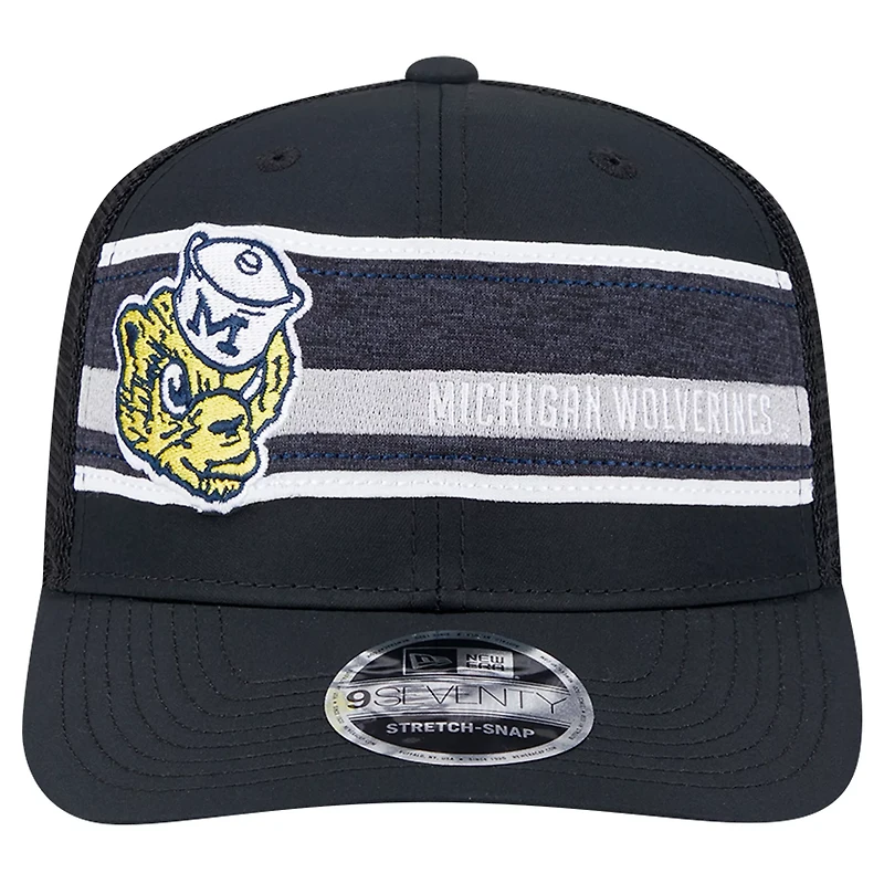 New Era /Navy Michigan Wolverines Striped 9SEVENTY Trucker Stretch-Snap Adjustable Hat