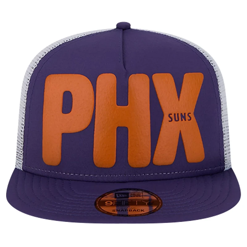 New Era Phoenix Suns Puff Print Team Code A-Frame 9FIFTY Trucker Snapback Hat