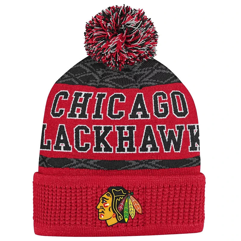 Youth Chicago Blackhawks Puck Pattern Cuffed Knit Hat with Pom