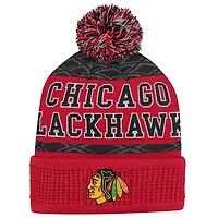 Youth Chicago Blackhawks Puck Pattern Cuffed Knit Hat with Pom