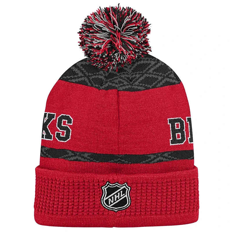 Youth Chicago Blackhawks Puck Pattern Cuffed Knit Hat with Pom