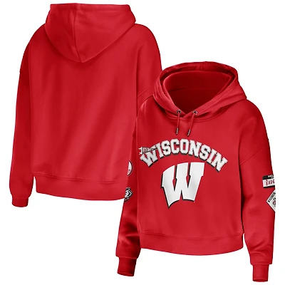 WEAR by Erin Andrews Wisconsin Badgers Mixed Media Cropped Pullover Hoodie
