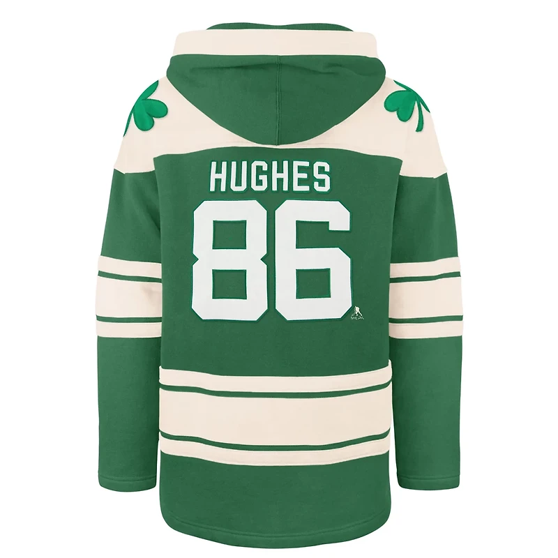 '47 Jack Hughes Kelly New Jersey Devils St Patrick's Day Player Name  Number Lacer Pullover Hoodie