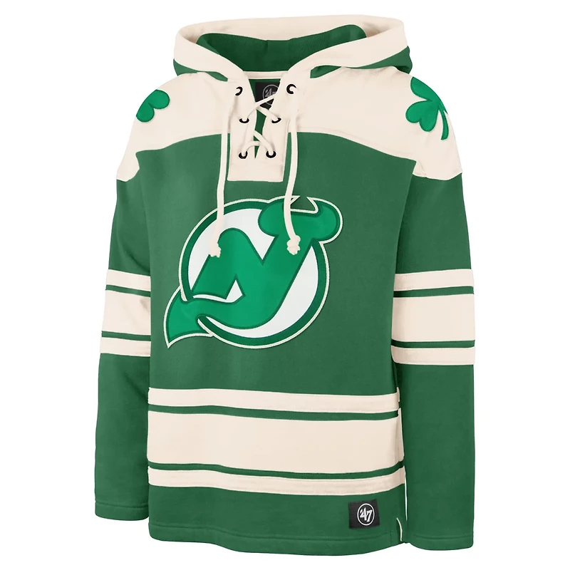 '47 Jack Hughes Kelly New Jersey Devils St Patrick's Day Player Name  Number Lacer Pullover Hoodie
