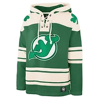 '47 Jack Hughes Kelly New Jersey Devils St Patrick's Day Player Name  Number Lacer Pullover Hoodie