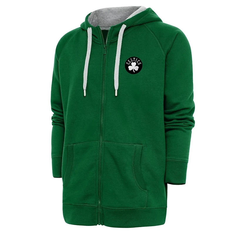 Antigua Kelly Boston Celtics Metallic Logo Victory Raglan Full-Zip Hoodie