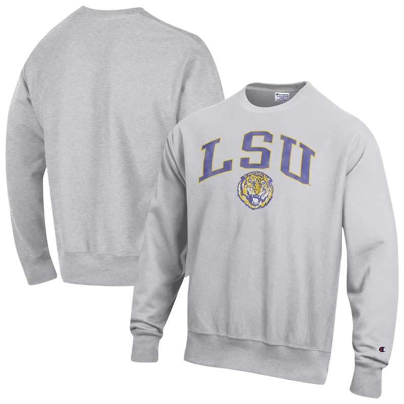 Champion LSU Tigers Distressed Arch Over Logo Reverse Weave Crew Neck Sweatshirt