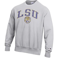 Champion LSU Tigers Distressed Arch Over Logo Reverse Weave Crew Neck Sweatshirt