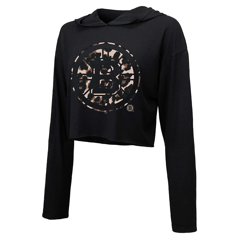 Majestic Threads David Pastrnak Boston Bruins Leopard Print Name  Number Cropped Pullover Hoodie