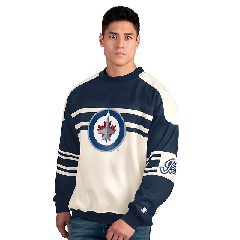 Starter Navy Winnipeg Jets Defense Fleece Crewneck Pullover Sweatshirt