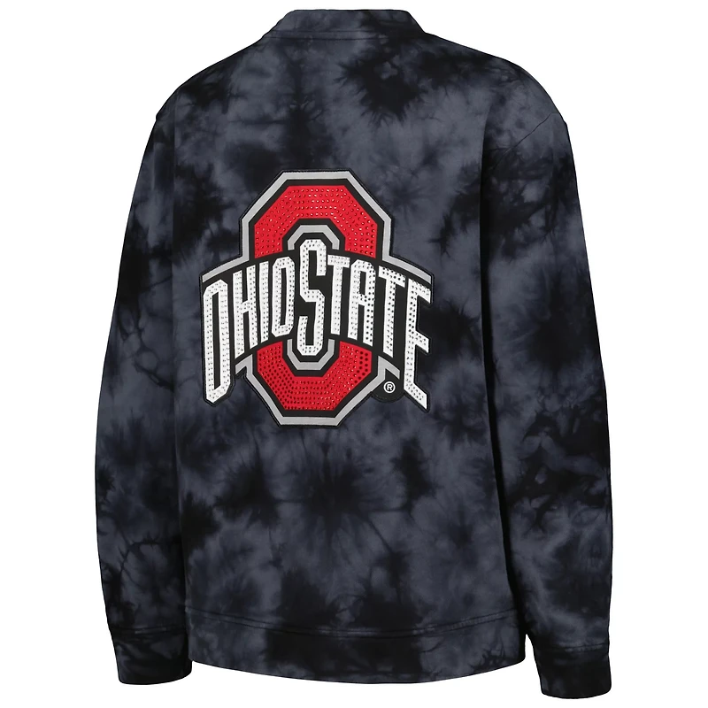 The Wild Collective Ohio State Buckeyes Jeweled Tie-Dye Button-Up V-Neck Sweater