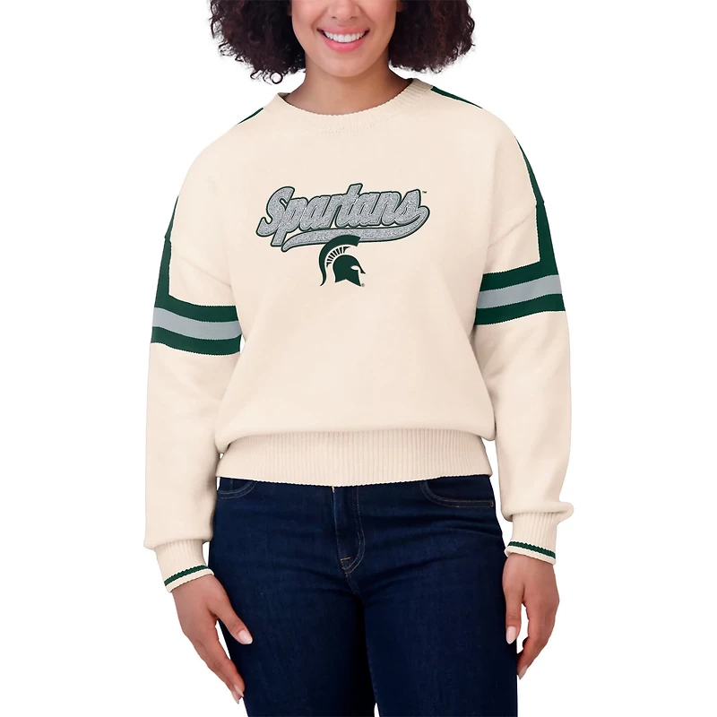 WEAR by Erin Andrews Michigan State Spartans Chenille Woven Patch Stripe Pullover Sweater