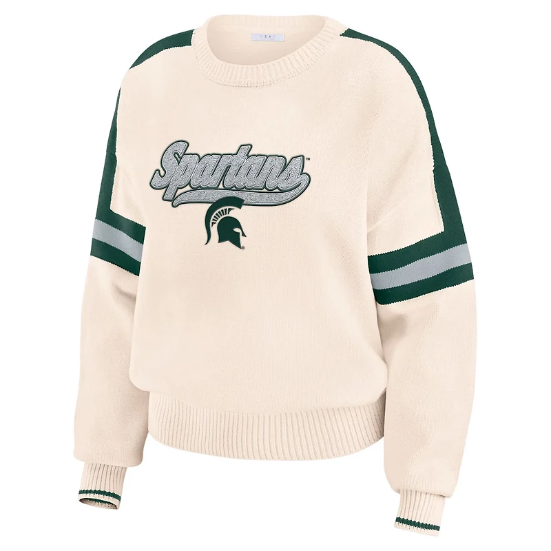 WEAR by Erin Andrews Michigan State Spartans Chenille Woven Patch Stripe Pullover Sweater