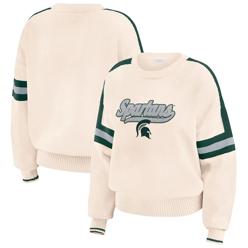 WEAR by Erin Andrews Michigan State Spartans Chenille Woven Patch Stripe Pullover Sweater