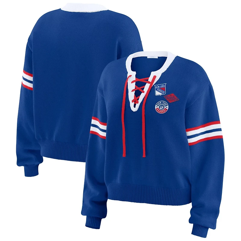 WEAR by Erin Andrews New York Rangers Cropped Lace-Up Sweater