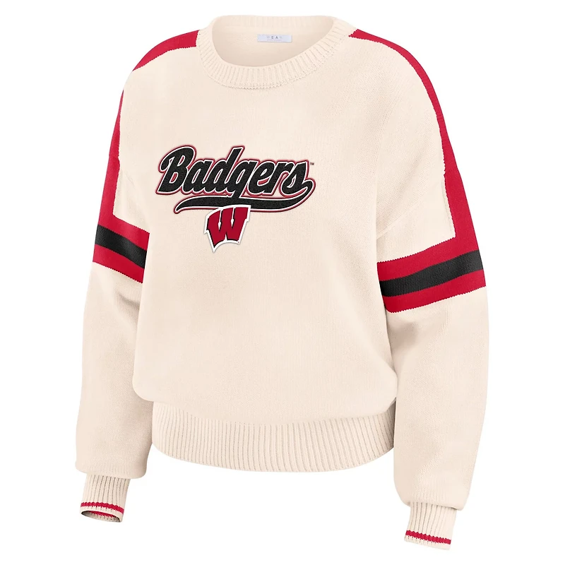 WEAR by Erin Andrews Wisconsin Badgers Chenille Woven Patch Stripe Pullover Sweater