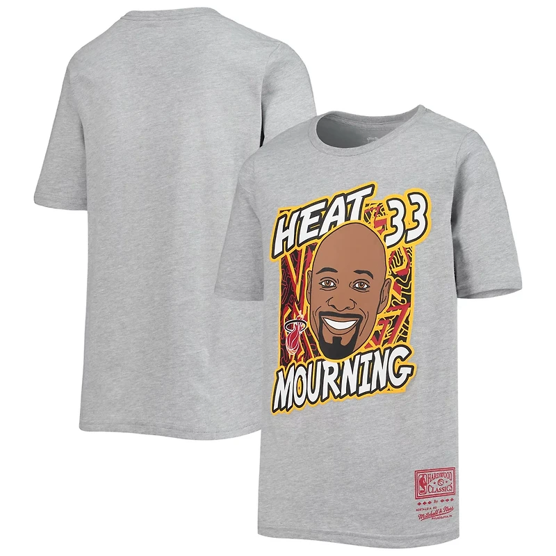 Youth Mitchell  Ness Alonzo Mourning Heathered Gray Miami Heat Hardwood Classics King of the Court Player T-Shirt