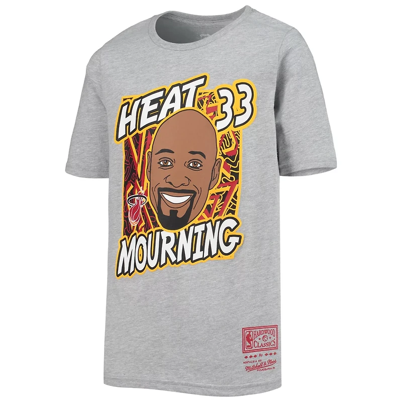 Youth Mitchell  Ness Alonzo Mourning Heathered Gray Miami Heat Hardwood Classics King of the Court Player T-Shirt