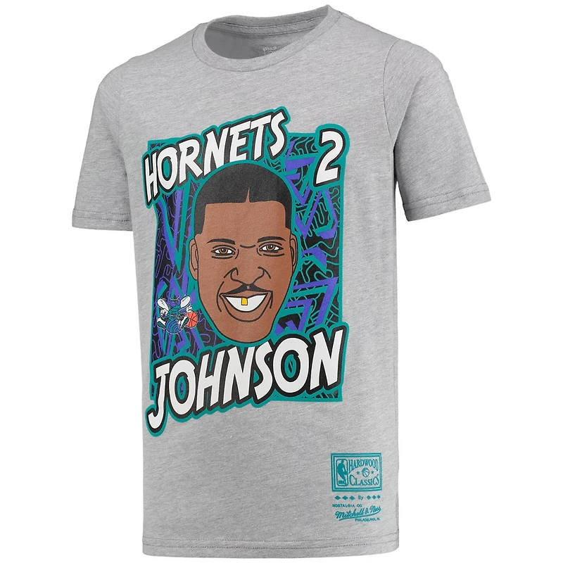 Youth Mitchell Ness Larry Johnson Gray Charlotte Hornets Hardwood Classics King of the Court Player T-Shirt