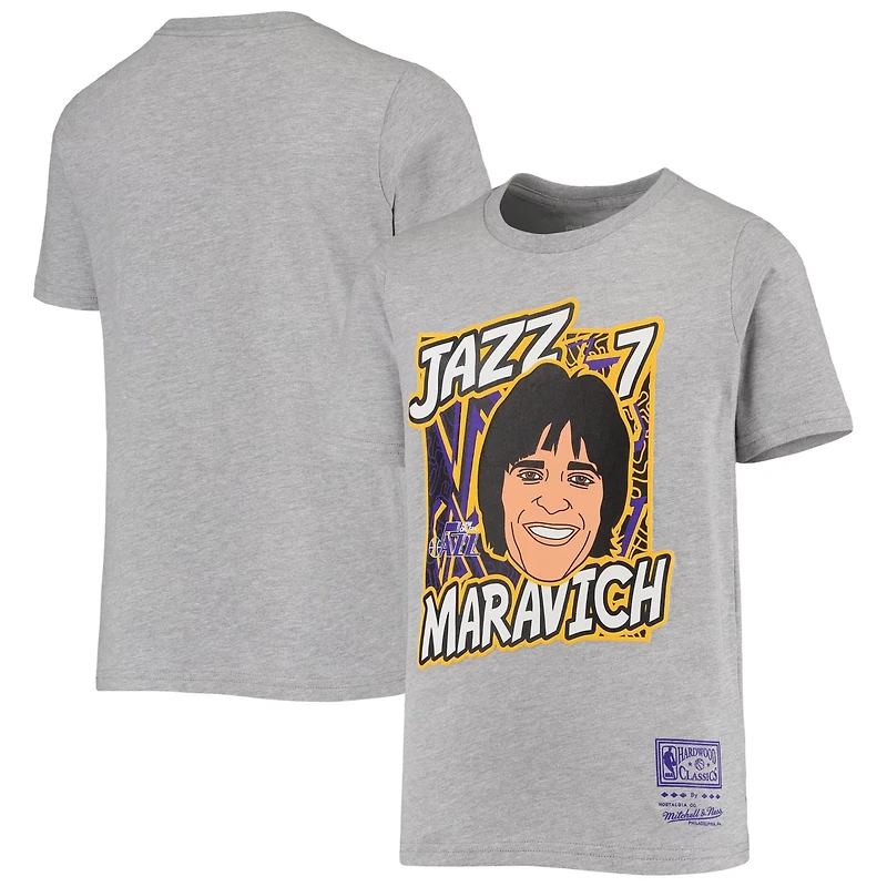 Youth Mitchell  Ness Pete Maravich Heathered Gray New Orleans Jazz Hardwood Classics King of the Court Player T-Shirt