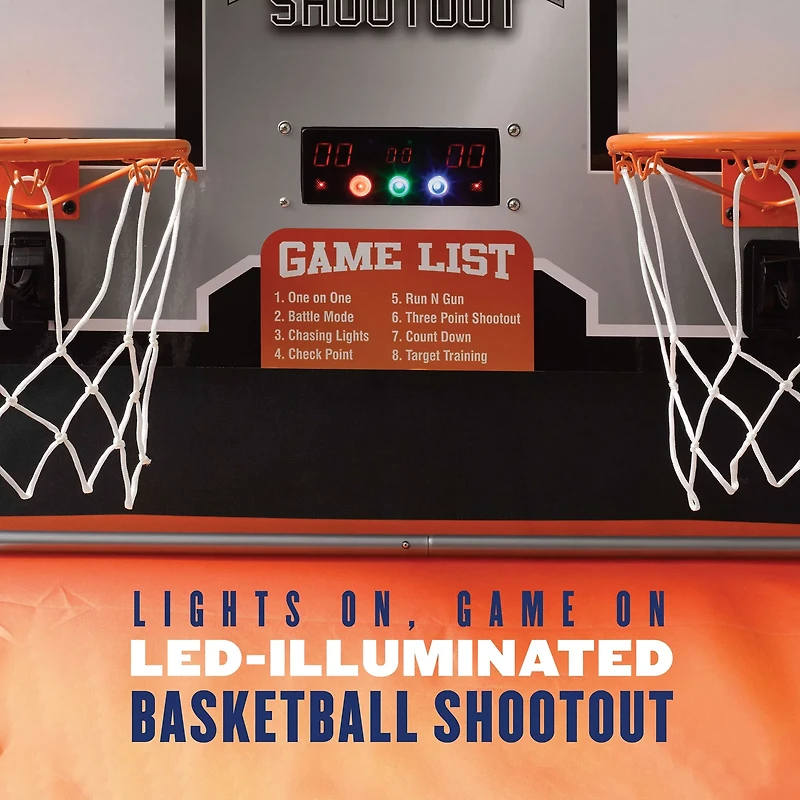 The Triumph Light FX Double Shootout Arcade Basketball Game is equipped with 8 game modes an features a Quick Connect frame.