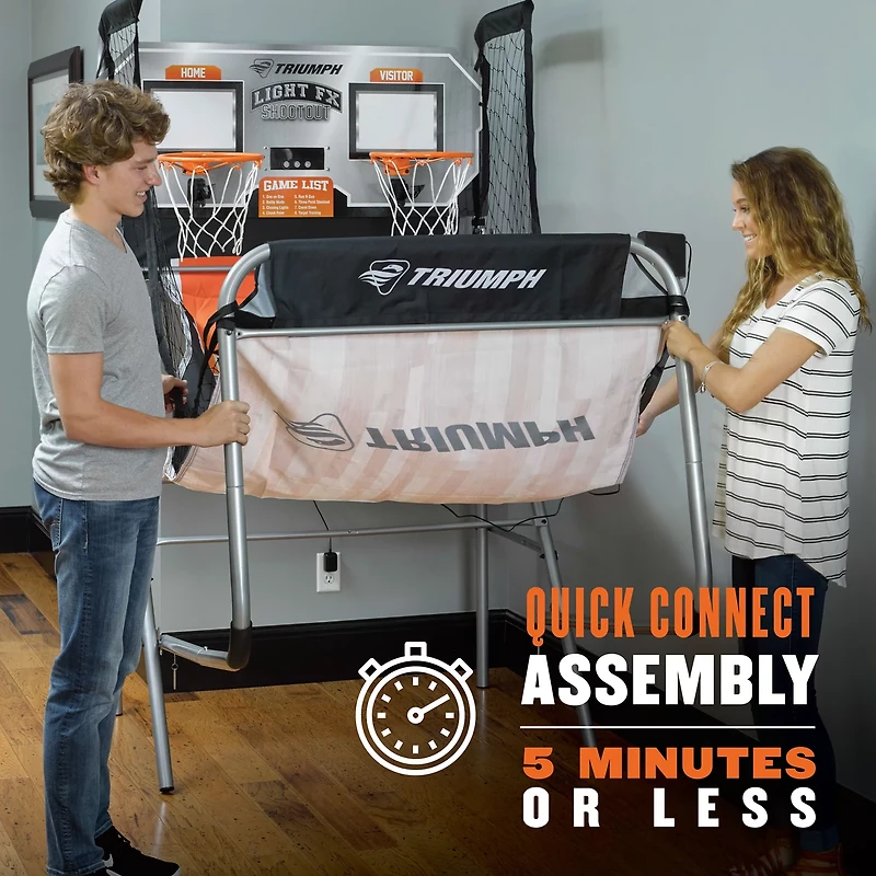 The Triumph Light FX Double Shootout Arcade Basketball Game is equipped with 8 game modes an features a Quick Connect frame.