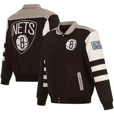 JH Design Brooklyn Nets Stripe Colorblock Nylon Reversible Full-Snap Jacket