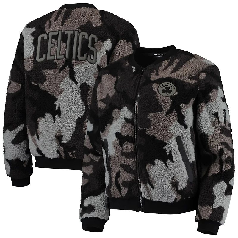 The Wild Collective Boston Celtics Camo Sherpa Full-Zip Bomber Jacket