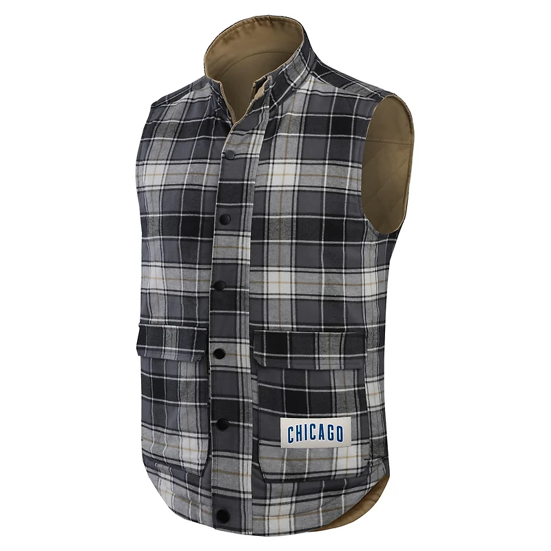 Darius Rucker Collection by Fanatics Charcoal Chicago Cubs Reversible Canvas  Plaid Patch Full-Zip Vest