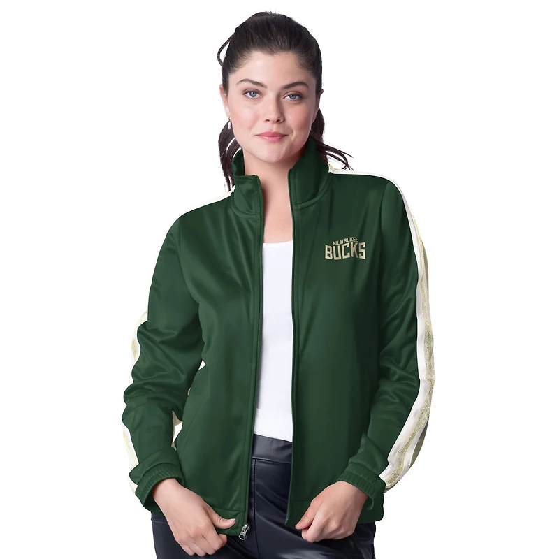 G-III 4Her by Carl Banks Hunter Cream Milwaukee Bucks Rebel Sequin Bling Full-Zip Track Jacket