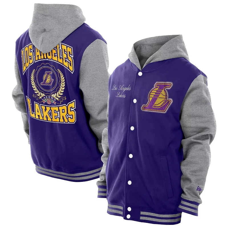 New Era Men's Los Angeles Lakers Throwback Prep Chenille Full-Snap Hooded Varsity Jacket