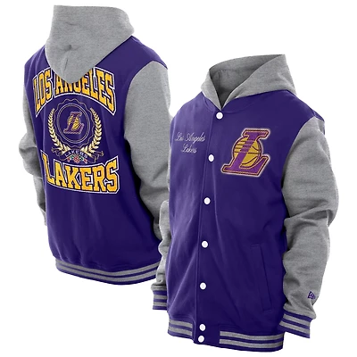 New Era Men's Los Angeles Lakers Throwback Prep Chenille Full-Snap Hooded Varsity Jacket