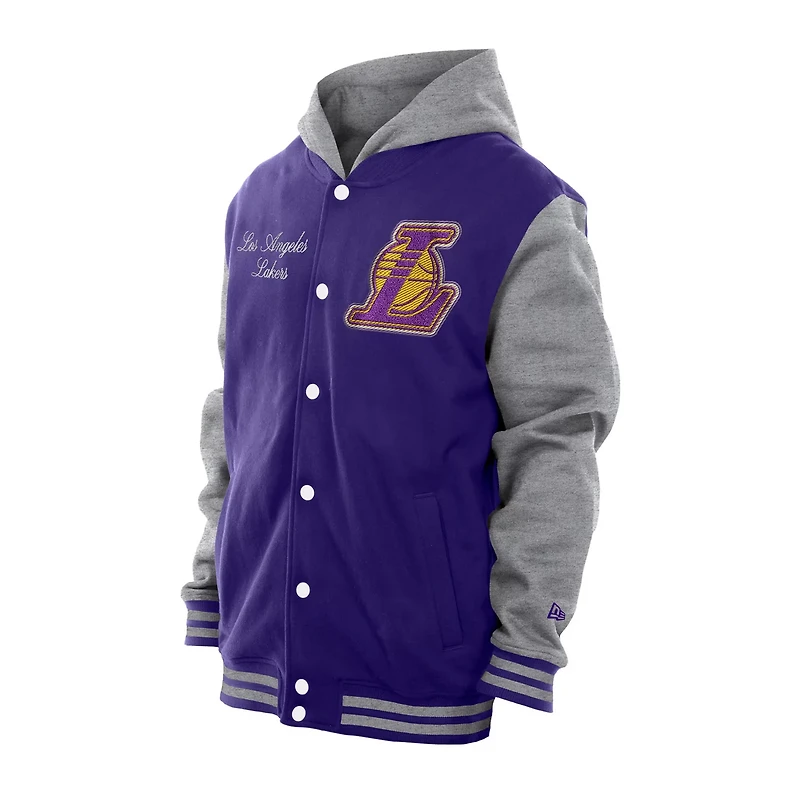 New Era Men's Los Angeles Lakers Throwback Prep Chenille Full-Snap Hooded Varsity Jacket