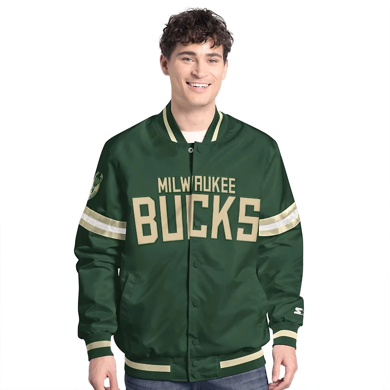 Starter Hunter Cream Milwaukee Bucks Scout Full Snap Varsity Jacket