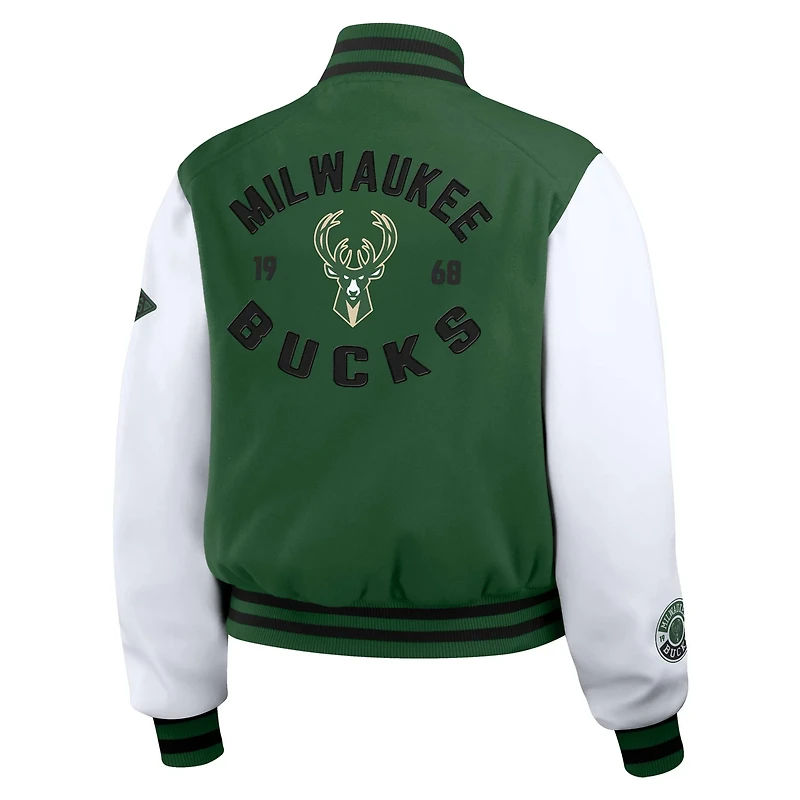 WEAR by Erin Andrews Hunter White Milwaukee Bucks Cropped Varsity Full-Zip Jacket
