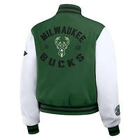 WEAR by Erin Andrews Hunter White Milwaukee Bucks Cropped Varsity Full-Zip Jacket