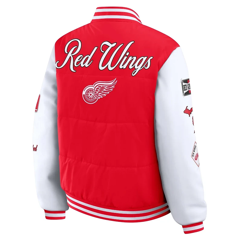 WEAR by Erin Andrews White Detroit Wings Varsity Full-Snap Puffer Jacket
