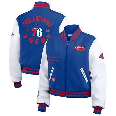 WEAR by Erin Andrews White Philadelphia 76ers Cropped Varsity Full-Zip Jacket
