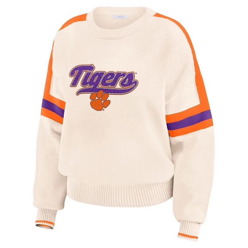 WEAR by Erin Andrews Clemson Tigers Chenille Woven Patch Stripe Pullover Sweater