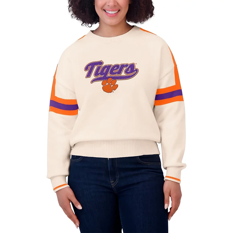WEAR by Erin Andrews Clemson Tigers Chenille Woven Patch Stripe Pullover Sweater