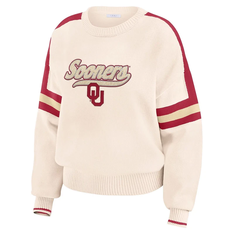 WEAR by Erin Andrews Oklahoma Sooners Chenille Woven Patch Stripe Pullover Sweater