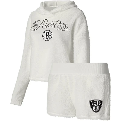 College Concepts Brooklyn Nets Fluffy Long Sleeve Hoodie T-Shirt  Shorts Sleep Set