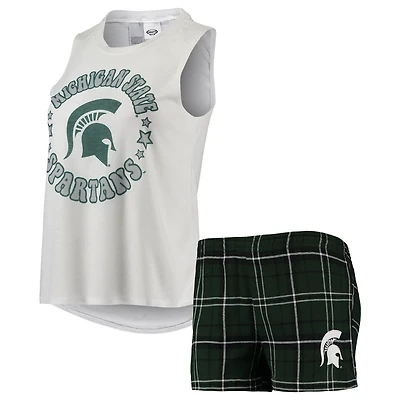 Concepts Sport /White Michigan State Spartans Ultimate Flannel Tank Top Shorts Sleep Set