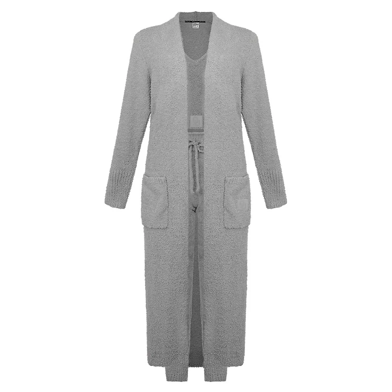 Oklahoma Sooners Three-Piece Fuzzy Knit Cropped Tank Top Jogger Pants Longline Cardigan Set