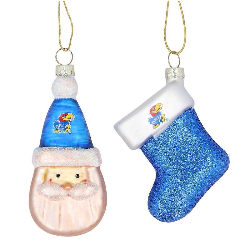 Kansas Jayhawks Two-Pack Santa Stocking Blown Glass Ornament Set